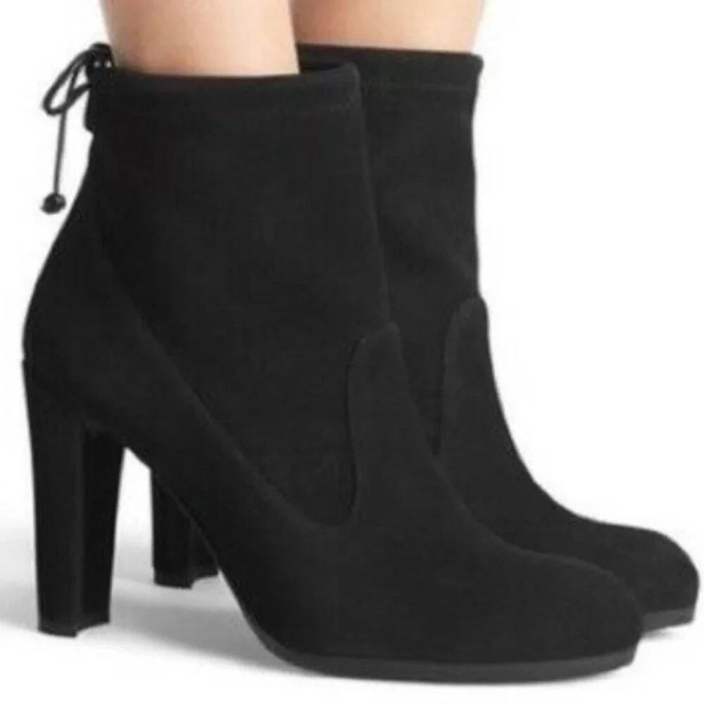 Stuart Weitzman Perfection Glove Tie Back Suede Ankle Bootie Black Round Toe 10